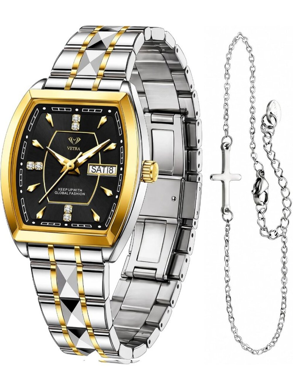 Women's Black Two Tone Stainless Steel Waterproof Casual Dress Date Wrist Watch